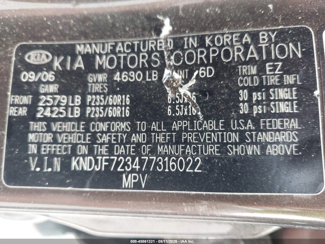 Продаж на аукціоні авто 2007 Kia Sportage Ex V6, vin: KNDJF723477316022, номер лоту: 45861321