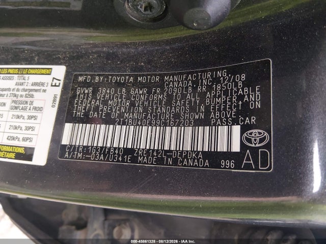 Aukcja sprzedaży 2009 Toyota Corolla Le, vin: 2T1BU40E99C167203, numer aukcji: 45861328