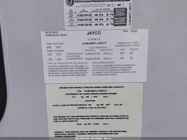 45861339 :رقم المزاد ، 1UJBJ0BN7L1J60373 vin ، 2020 Jayco Camper مزاد بيع