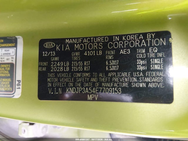 45861357 :رقم المزاد ، KNDJP3A54E7709153 vin ، 2014 Kia Soul + مزاد بيع
