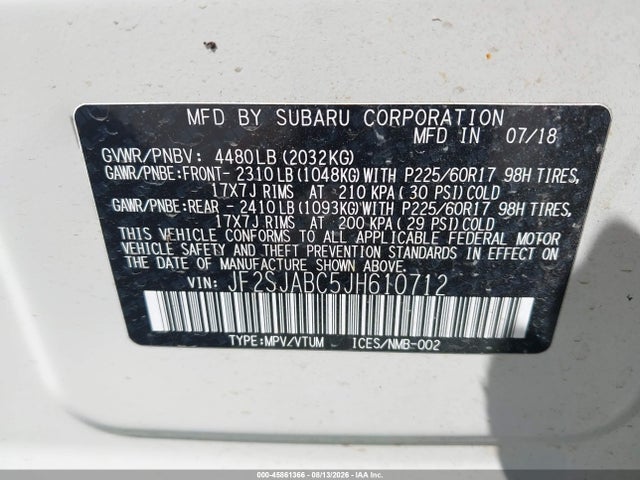 2018 Subaru Forester 2.5i მანქანა იყიდება აუქციონზე, vin: JF2SJABC5JH610712, აუქციონის ნომერი: 45861366