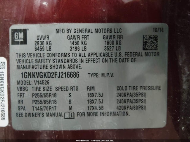45861377 :رقم المزاد ، 1GNKVGKD2FJ216686 vin ، 2015 Chevrolet Traverse Lt مزاد بيع