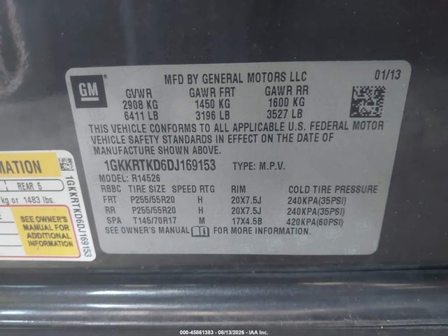 45861383 :رقم المزاد ، 1GKKRTKD6DJ169153 vin ، 2013 Gmc Acadia Denali مزاد بيع