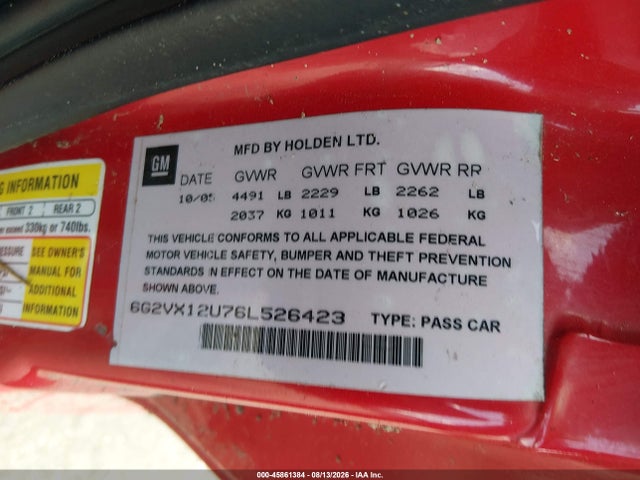 Aukcja sprzedaży 2006 Pontiac Gto, vin: 6G2VX12U76L526423, numer aukcji: 45861384