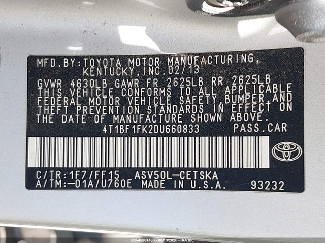 2013 Toyota Camry Se მანქანა იყიდება აუქციონზე, vin: 4T1BF1FK2DU660833, აუქციონის ნომერი: 45861403
