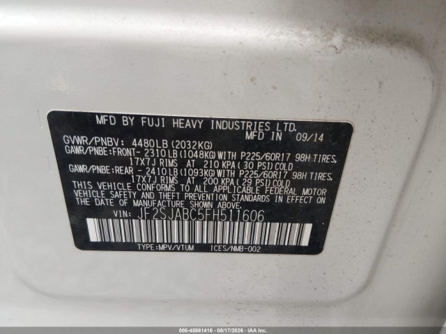 Aukcja sprzedaży 2015 Subaru Forester 2.5i, vin: JF2SJABC5FH511606, numer aukcji: 45861416