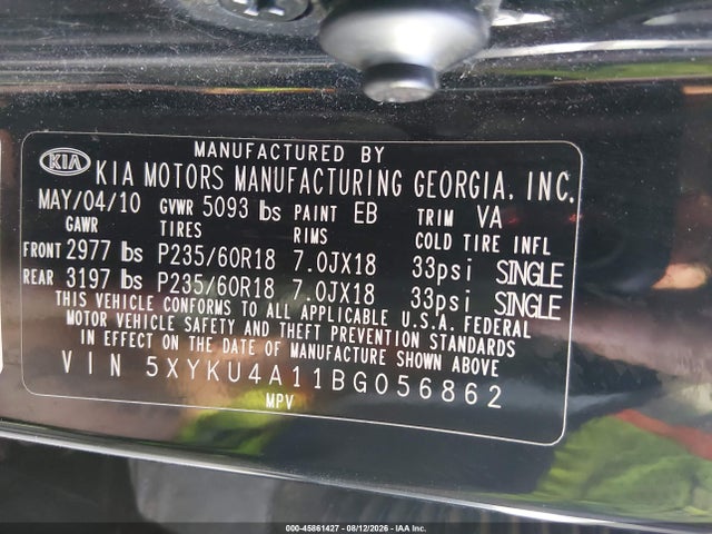 Aukcja sprzedaży 2011 Kia Sorento Ex, vin: 5XYKU4A11BG056862, numer aukcji: 45861427