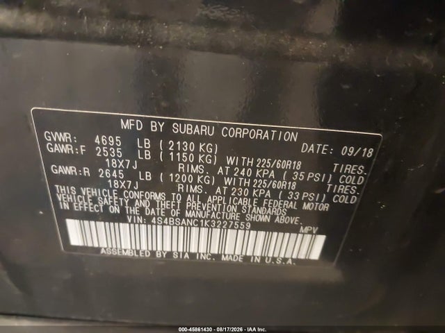 Aukcja sprzedaży 2019 Subaru Outback 2.5i Limited, vin: 4S4BSANC1K3227559, numer aukcji: 45861430