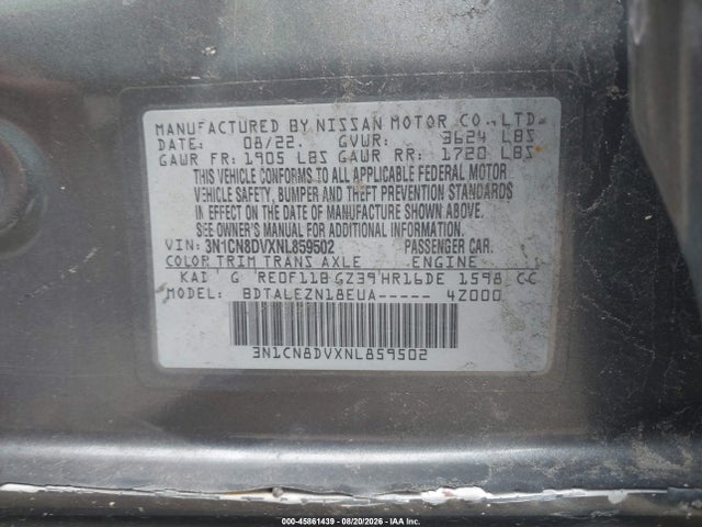 Продаж на аукціоні авто 2022 Nissan Versa 1.6 S Xtronic Cvt, vin: 3N1CN8DVXNL859502, номер лоту: 45861439
