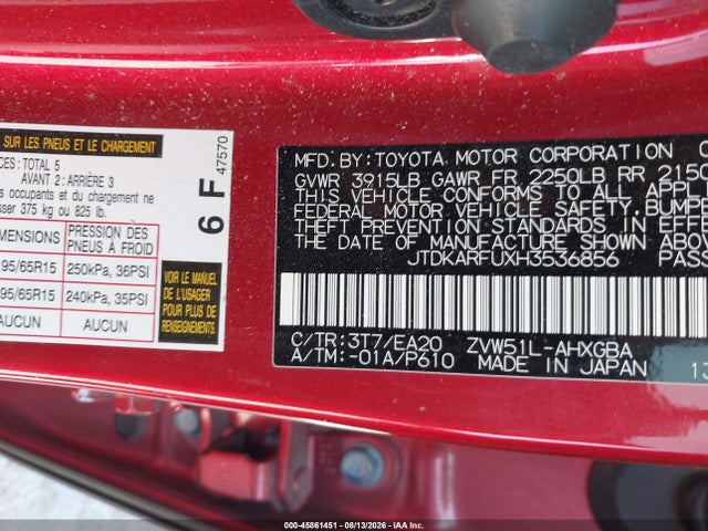 45861451 :رقم المزاد ، JTDKARFUXH3536856 vin ، 2017 Toyota Prius Four مزاد بيع