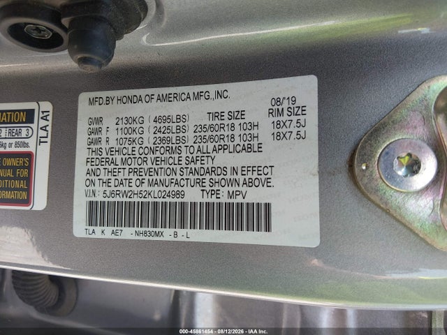 Aukcja sprzedaży 2019 Honda Cr-v Ex, vin: 5J6RW2H52KL024989, numer aukcji: 45861454