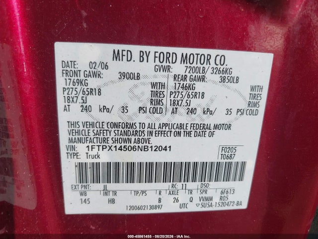 Aukcja sprzedaży 2006 Ford F-150 Fx4/lariat/xl/xlt, vin: 1FTPX14506NB12041, numer aukcji: 45861455