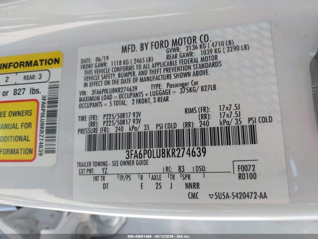 Ford Fusion Hybrid Se 2019 3FA6P0LU8KR274639 Image 9