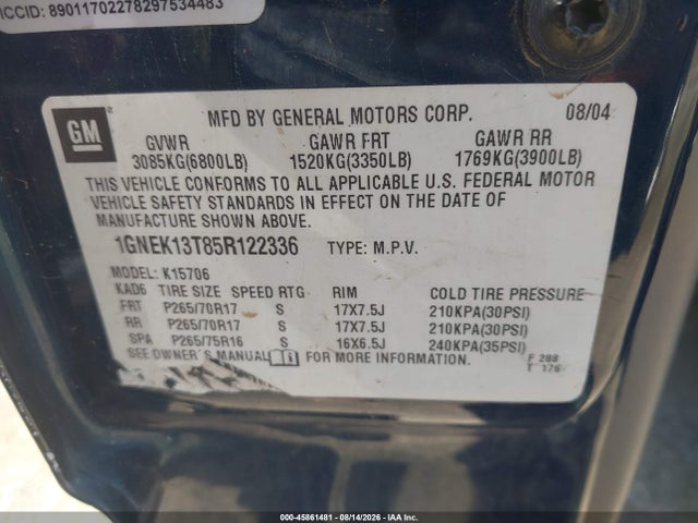 Aukcja sprzedaży 2005 Chevrolet Tahoe Z71, vin: 1GNEK13T85R122336, numer aukcji: 45861481