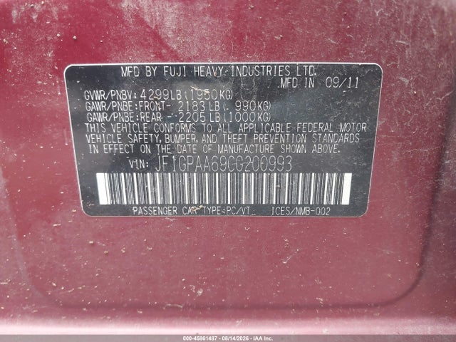 Продаж на аукціоні авто 2012 Subaru Impreza 2.0i, vin: JF1GPAA69CG200993, номер лоту: 45861487