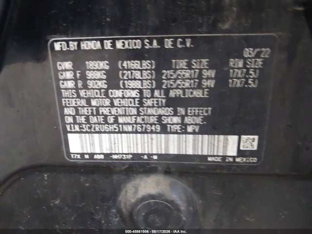 2022 Honda Hr-v Awd Ex მანქანა იყიდება აუქციონზე, vin: 3CZRU6H51NM767949, აუქციონის ნომერი: 45861506