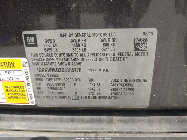 45861512 :رقم المزاد ، 1GKKVRKD2DJ185770 vin ، 2013 Gmc Acadia Slt-1 مزاد بيع