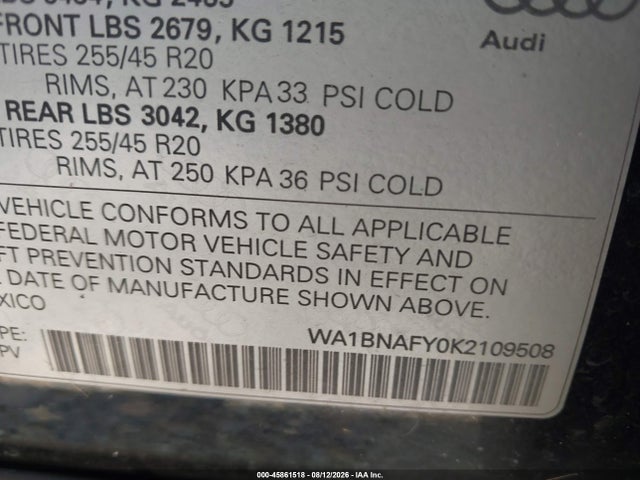 2019 Audi Q5 45 Premium მანქანა იყიდება აუქციონზე, vin: WA1BNAFY0K2109508, აუქციონის ნომერი: 45861518