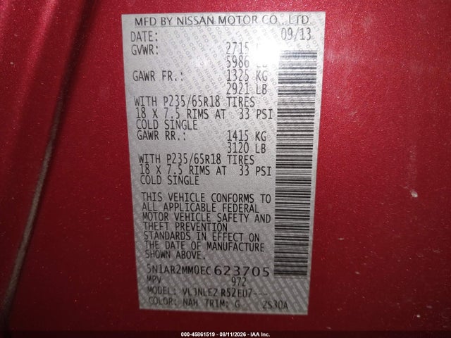 45861519 :رقم المزاد ، 5N1AR2MM0EC623705 vin ، 2014 Nissan Pathfinder Sv مزاد بيع