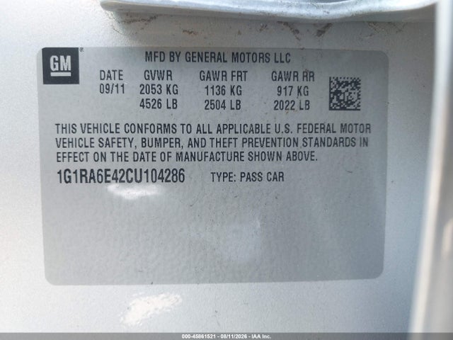 45861521 :رقم المزاد ، 1G1RA6E42CU104286 vin ، 2012 Chevrolet Volt مزاد بيع