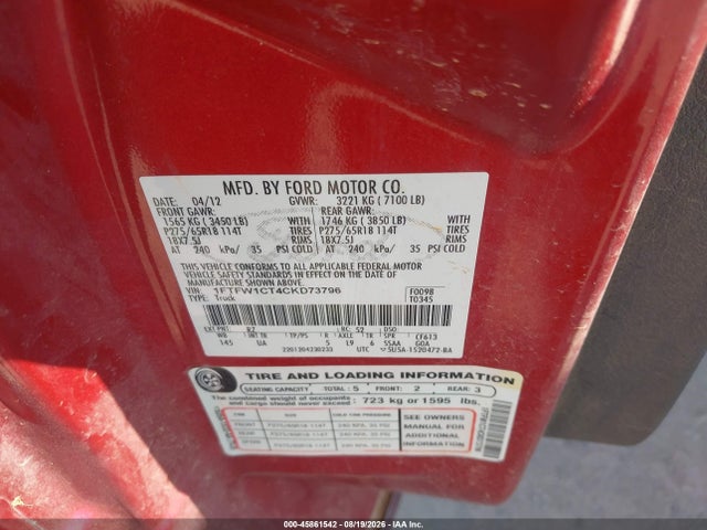 Продажа на аукционе авто 2012 Ford F-150 Xlt, vin: 1FTFW1CT4CKD73796, номер лота: 45861542