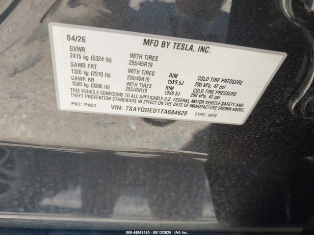 Продажа на аукционе авто 2026 Tesla Model Y Premium/rear-wheel Drive, vin: 7SAYGDED1TA684628, номер лота: 45861560