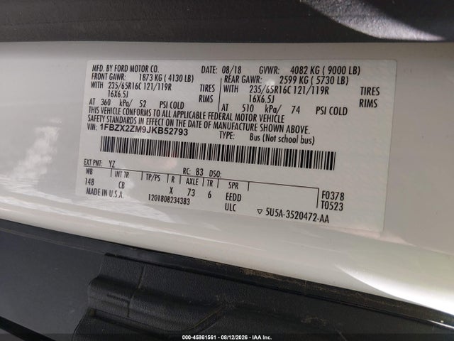 Продажа на аукционе авто 2018 Ford Transit-350 Xl, vin: 1FBZX2ZM9JKB52793, номер лота: 45861561