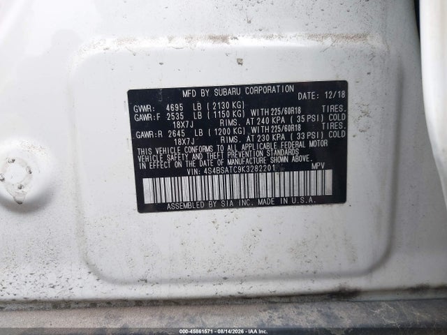 Продаж на аукціоні авто 2019 Subaru Outback 2.5i Touring, vin: 4S4BSATC9K3282201, номер лоту: 45861571