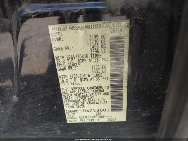 2014 Nissan Frontier Sv მანქანა იყიდება აუქციონზე, vin: 1N6AD0ER1EN758601, აუქციონის ნომერი: 45861576
