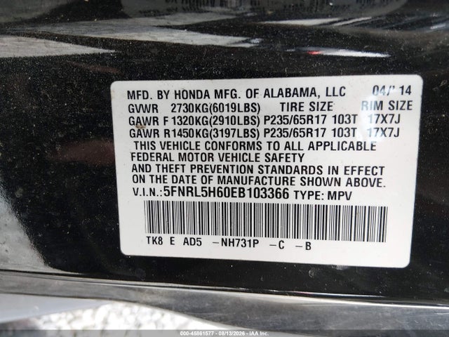 45861577 :رقم المزاد ، 5FNRL5H60EB103366 vin ، 2014 Honda Odyssey Ex-l مزاد بيع
