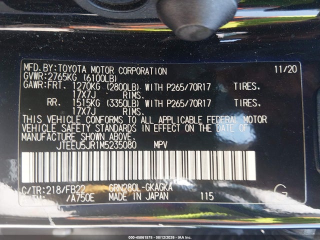 Aukcja sprzedaży 2021 Toyota 4runner Sr5, vin: JTEEU5JR1M5235080, numer aukcji: 45861578