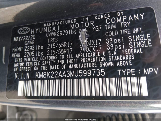 45861592 :رقم المزاد ، KM8K22AA3MU599735 vin ، 2021 Hyundai Kona Sel مزاد بيع
