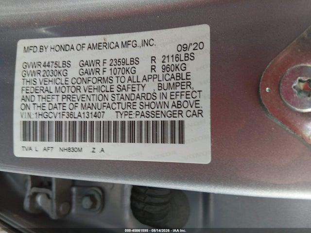 2020 Honda Accord Sport მანქანა იყიდება აუქციონზე, vin: 1HGCV1F36LA131407, აუქციონის ნომერი: 45861595