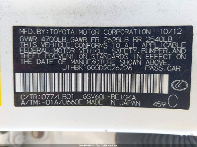 Aukcja sprzedaży 2013 Lexus Es 350, vin: JTHBK1GG5D2026226, numer aukcji: 45861597