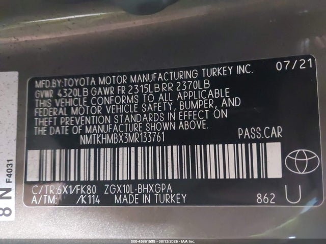 Aukcja sprzedaży 2021 Toyota C-hr Xle, vin: NMTKHMBX3MR133761, numer aukcji: 45861598