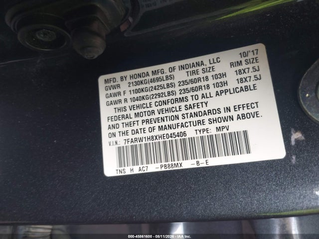 2017 Honda Cr-v Ex-l/ex-l Navi მანქანა იყიდება აუქციონზე, vin: 7FARW1H8XHE045406, აუქციონის ნომერი: 45861600