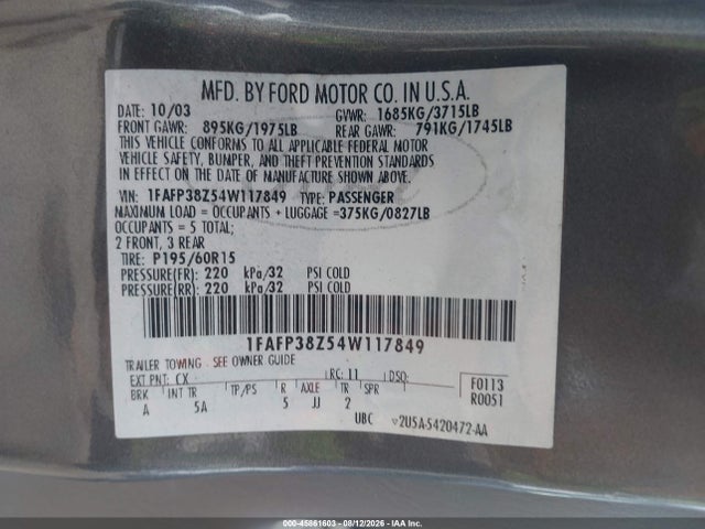 Aukcja sprzedaży 2004 Ford Focus Zts, vin: 1FAFP38Z54W117849, numer aukcji: 45861603