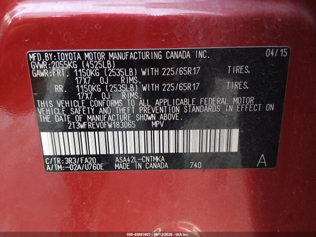 Продаж на аукціоні авто 2015 Toyota Rav4 Xle, vin: 2T3WFREV0FW183065, номер лоту: 45861607