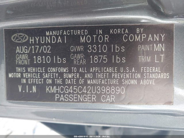 Aukcja sprzedaży 2002 Hyundai Accent Gl, vin: KMHCG45C42U398890, numer aukcji: 45861610