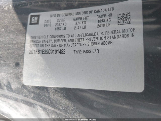 Aukcja sprzedaży 2012 Chevrolet Camaro 1lt, vin: 2G1FB1E39C9191482, numer aukcji: 45861611