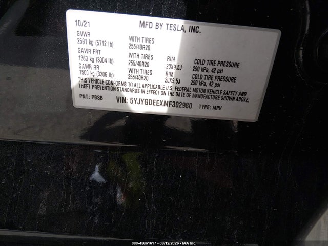 Tesla Model Y Long Range Dual Motor All-wheel Drive 2021 5YJYGDEEXMF302980 Image 9