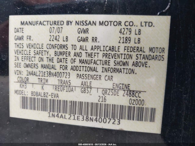 2008 Nissan Altima 2.5 S მანქანა იყიდება აუქციონზე, vin: 1N4AL21E38N400723, აუქციონის ნომერი: 45861618