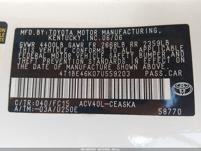 45861622 :رقم المزاد ، 4T1BE46K07U559203 vin ، 2007 Toyota Camry Se مزاد بيع