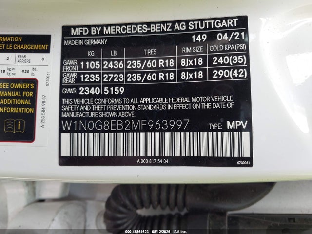 Продажа на аукционе авто 2021 Mercedes-benz Glc 300 4matic Suv, vin: W1N0G8EB2MF963997, номер лота: 45861623