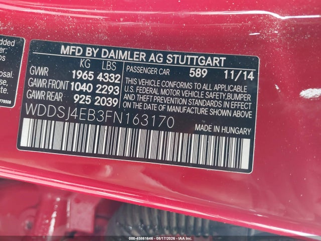 45861646 :رقم المزاد ، WDDSJ4EB3FN163170 vin ، 2015 Mercedes-benz Cla 250 مزاد بيع