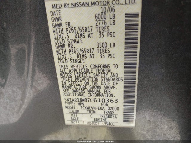 Продаж на аукціоні авто 2007 Nissan Pathfinder Le, vin: 5N1AR18W97C610363, номер лоту: 45861648