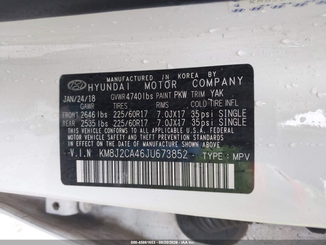 Aukcja sprzedaży 2018 Hyundai Tucson Se, vin: KM8J2CA46JU673852, numer aukcji: 45861653