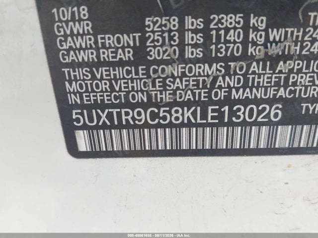45861658 :رقم المزاد ، 5UXTR9C58KLE13026 vin ، 2019 Bmw X3 Xdrive30i مزاد بيع