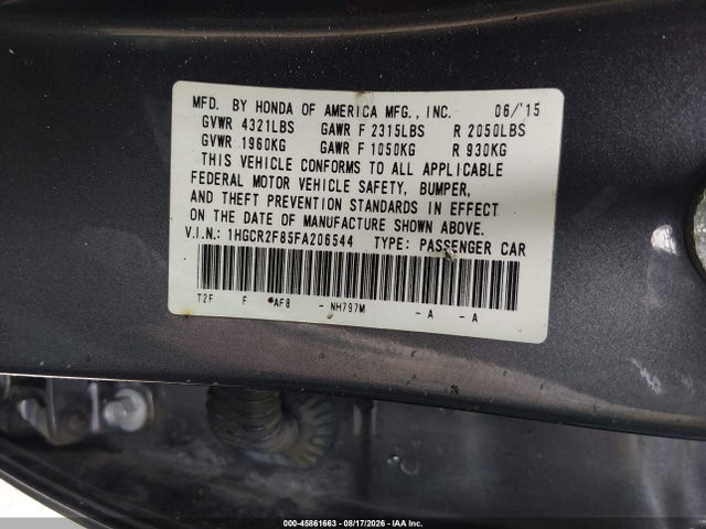 Aukcja sprzedaży 2015 Honda Accord Ex-l, vin: 1HGCR2F85FA206544, numer aukcji: 45861663