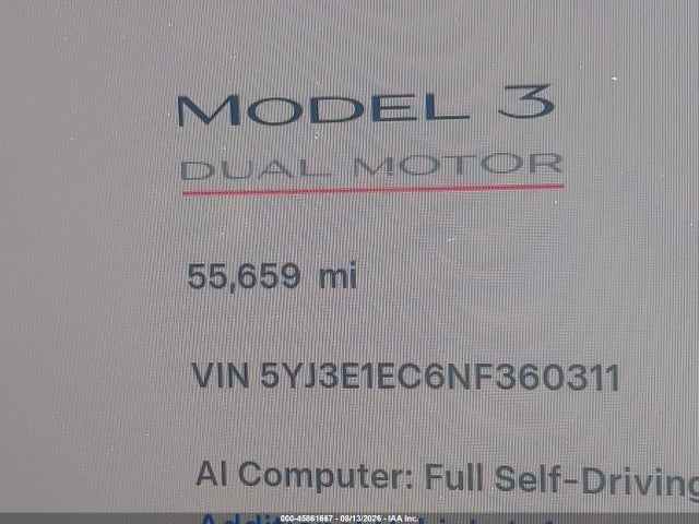 45861667 :رقم المزاد ، 5YJ3E1EC6NF360311 vin ، 2022 Tesla Model 3 Performance Dual Motor All-wheel Drive مزاد بيع